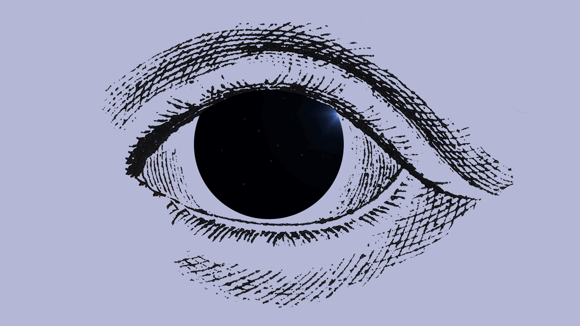 Engraved illustration of an eye with a comet crossing the center
